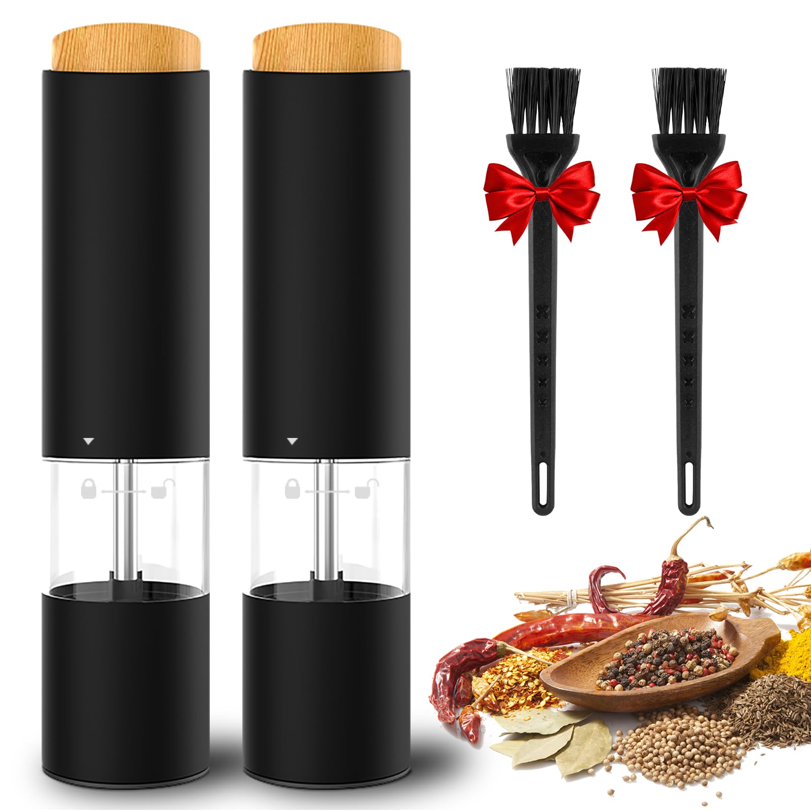 Electric Salt and Pepper Grinder Set of 2, Automatic Operation Salt Pepper Mill Sets with Adjustable Coarseness, Battery Powered, LED light, One Hand Operation-Black