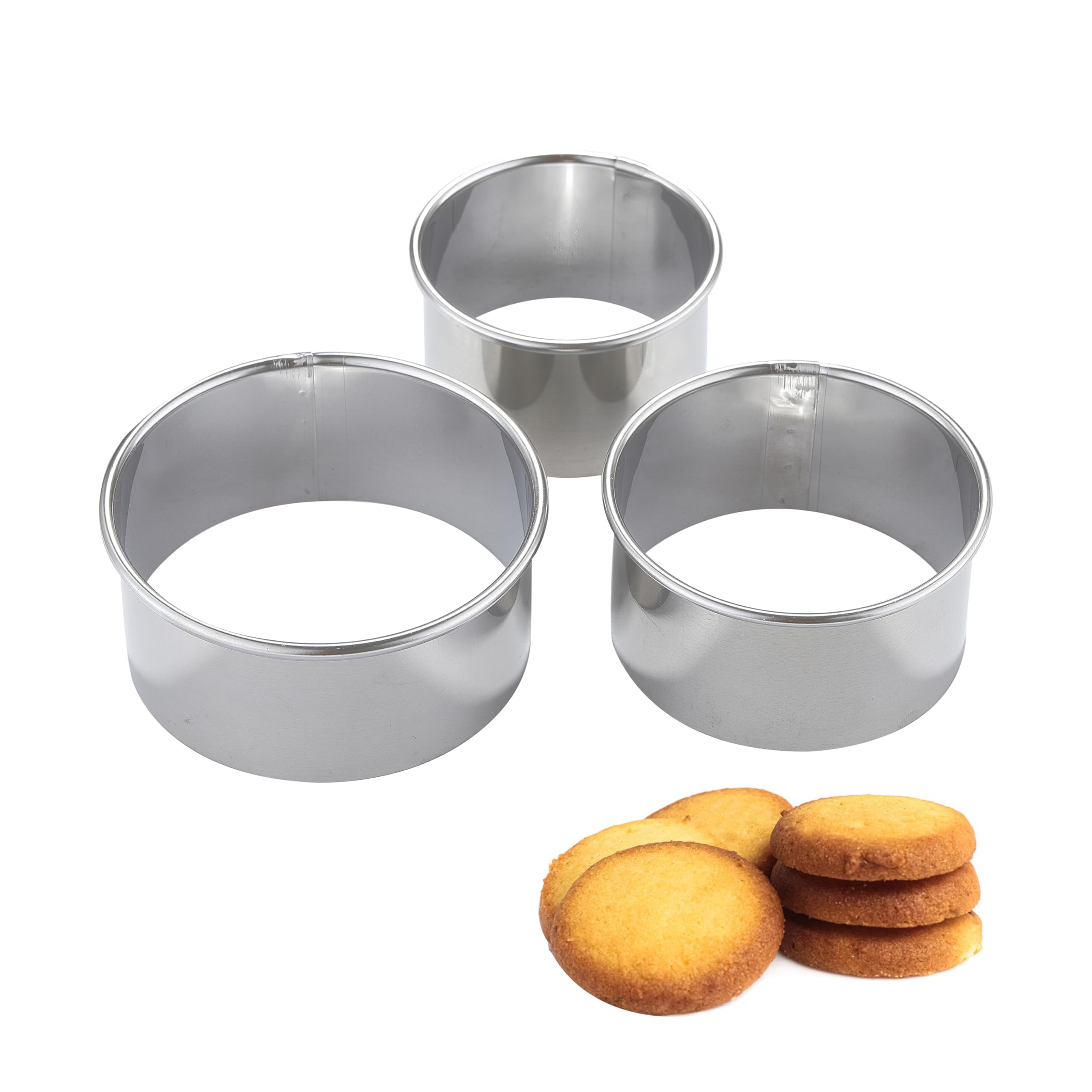 3PCS Cookie Cutters, COKUMA Biscuit Cutter Tools, Stainless Steel Round Cookie Cutter, Donut Cutter Ring Molds for Baking (3.2in 2.8in 2.4in)