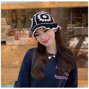 Women Crochet Bucket Hat Knitted Bucket Hat Handmade Cute Flower Pattern Beach Hat Outdoor Cute Striped Floral Fishing Hat Knit Bucket Hats Fisherman Hat for Women Multicolor