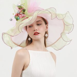 RZTA Women's Kentucky Derby Church Dress Hat Wide Brim Leaf Flower Bridal Shower Hat E3-Beige,Pink