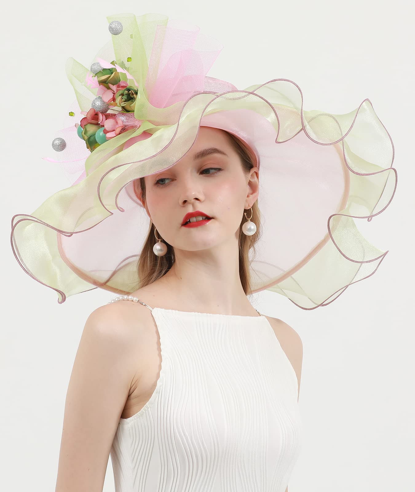 RZTA Women's Kentucky Derby Church Dress Hat Wide Brim Leaf Flower Bridal Shower Hat E3-Beige,Pink