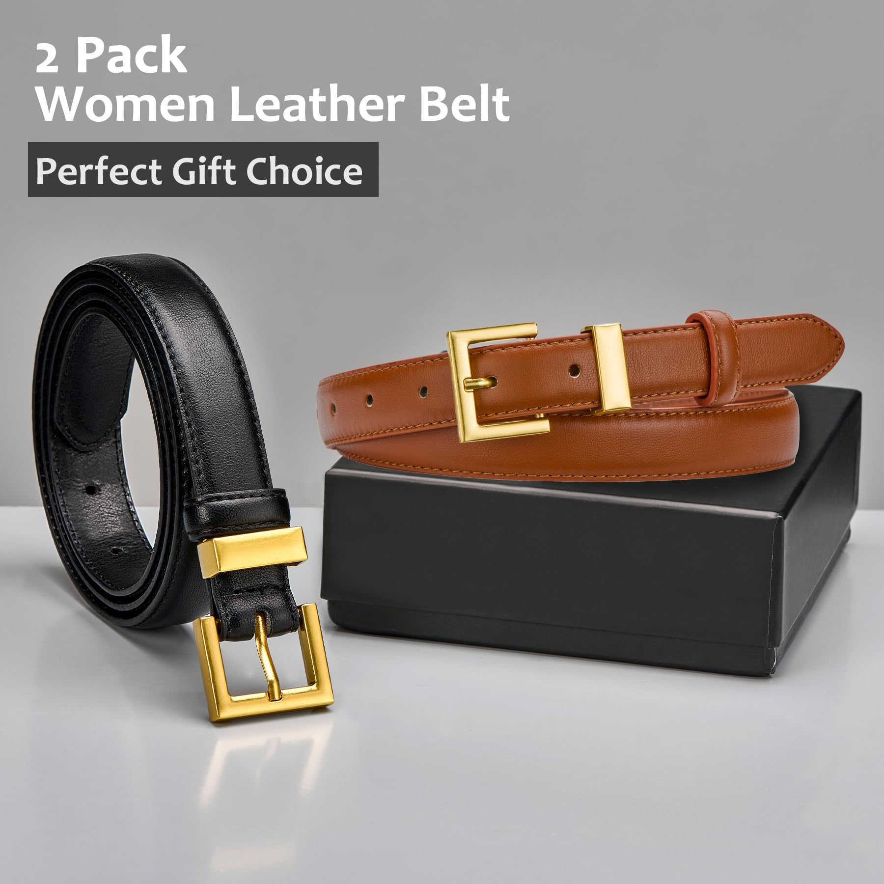 LUCHENGYI 2 Pack Women's Leather Belt for Jeans Pants Dresses Fashion Ladies Wasit Belt with Square Gold Buckle