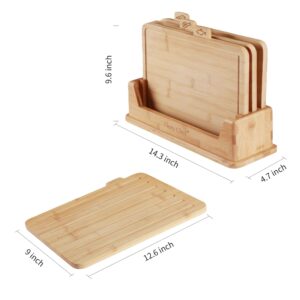 Fiery Chef Bamboo Cutting Board Set of 4 - Wood Cutting Board Set with Holder, Chopping Boards Set with Food Icons, Juice Groove - Ideal for Meat, Fish, Bread, Vegetable, Fruit Chopping