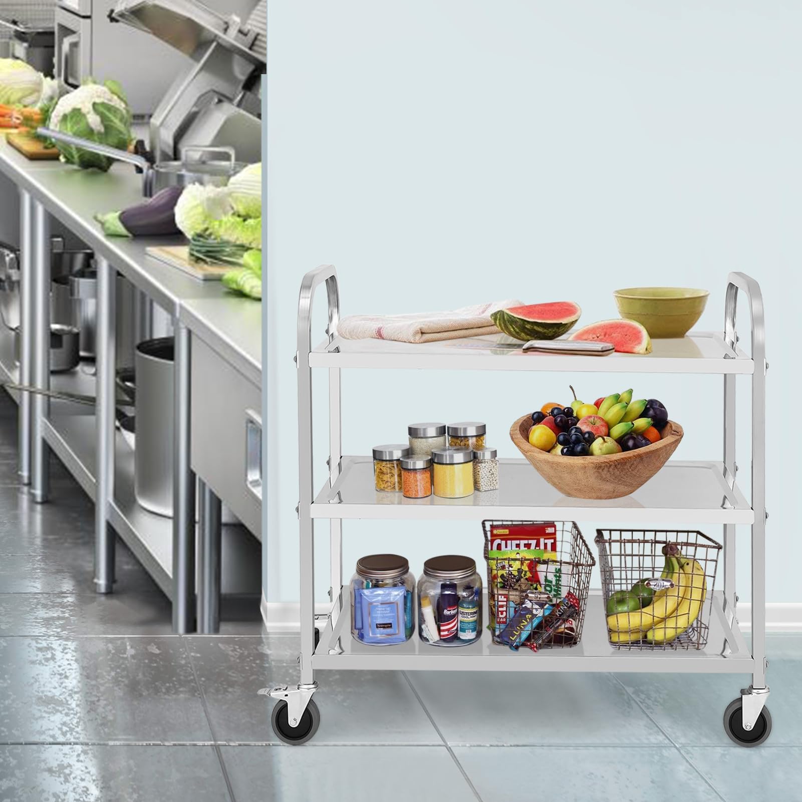 GAOMON 3 Tier Stainless Steel Utility Cart, Heavy Duty Trolley Rolling Cart with Handle and Locking Wheels, for Kitchen, Restaurant, Hospital, Laboratory and Home, 37.4" x 19.7" x 37.4", 331Lbs