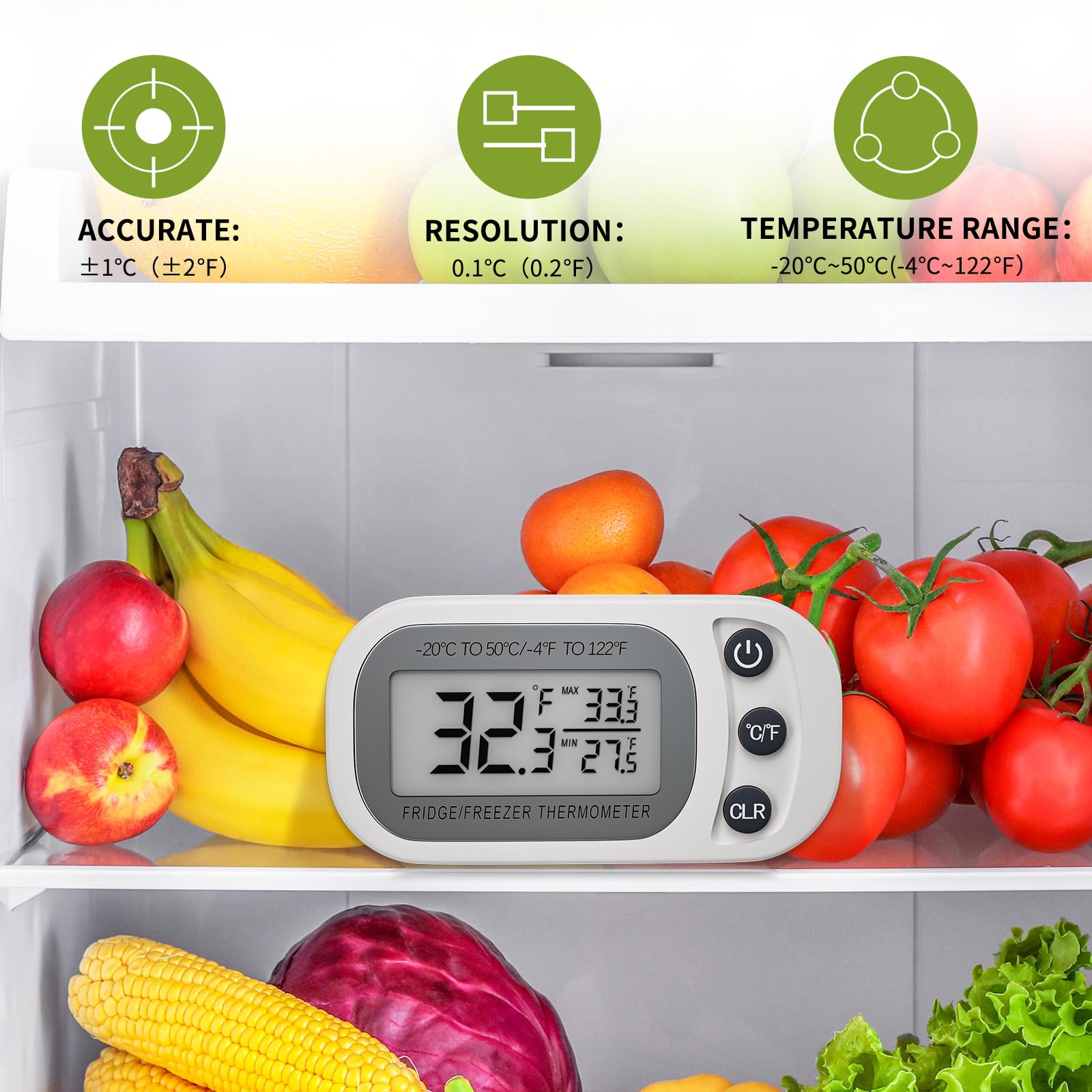 FAHZON Digital Frigerator Thermometer 2 Pack, Waterproof Fridge and Freezer Thermometer, Thermometer Refrigerator with Large LCD Screen, Stand and Magnetic Back, for Room,Kitchen, White