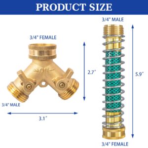 Hourleey 2 Way Hose Splitter, 3/4" Brass Hose Y Splitter with 2 PCS Garden Hose Extension Hose Coiled Spring Protectors and 6 Rubber Washers