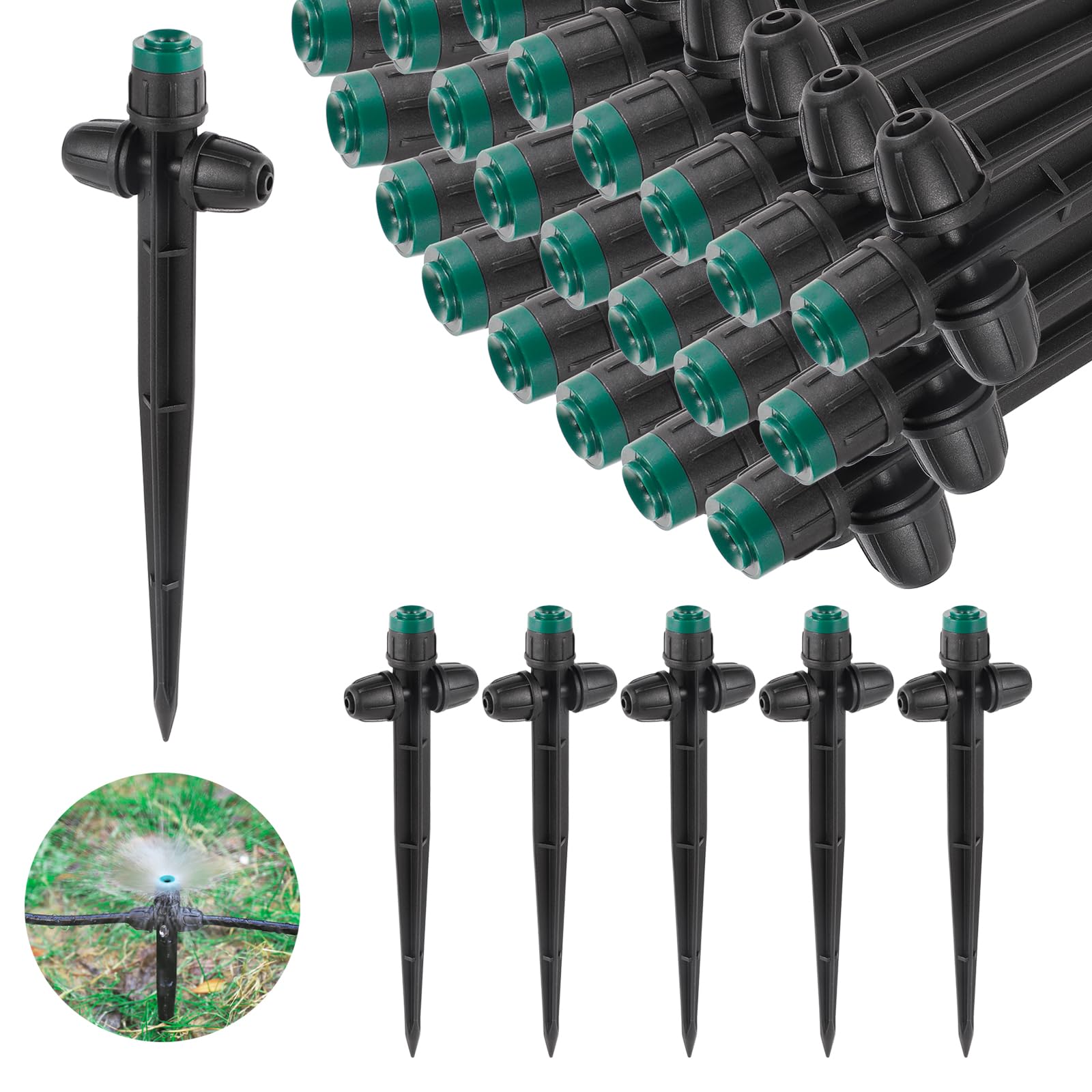 Drip Irrigation Emitters Sprayer for 1/4" Irrigation Tubing,Double Hole Design Adjustable 360 Degree Sprayer on 6.5" Stake for Garden Irrigation Watering System (25pc-Green Sprayer)