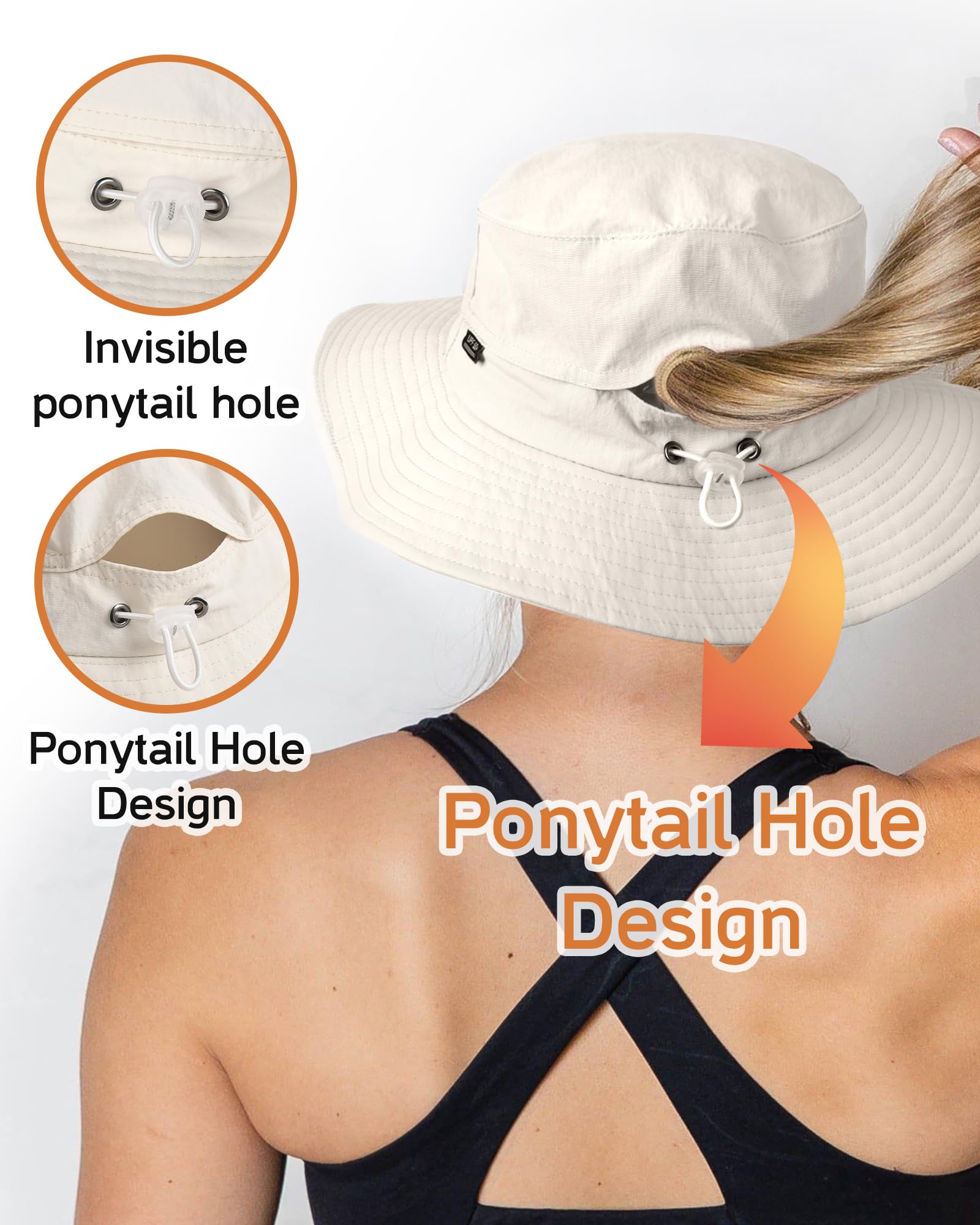 FURTALK Sun Hats for Women with Ponytail Hole Wide Brim Outdoor Hat UPF 50+Packable Summer Beach Hiking Fishing Hats Beige