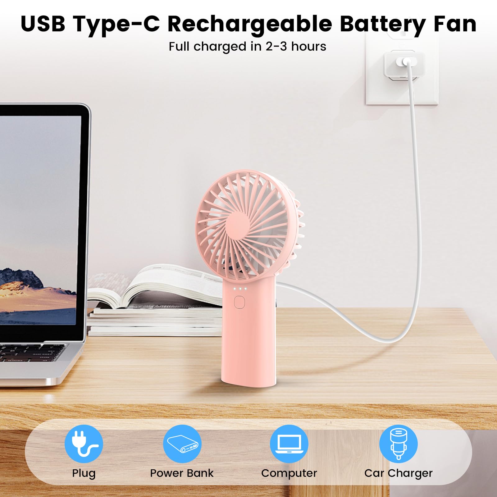 Portable Handheld Fan,3 Speeds Powerful Personal Fan with Flashlight, USB Rechargeable 2400mAh Battery Operated Fan for 3-15 hours, Mini Pocket Fan for Travel, Outdoor, Office