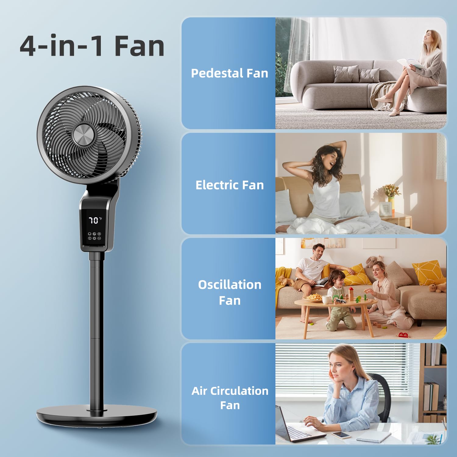 Standing Fan with Remote, Fans Oscillating with 12H Timer, 36-50db Floor Fans for Home Bedroom, Pedestal Fan Oscillating with 3 Speeds, Touch+Remote Control, 70°+90° Quiet Oscillating Fan for bedroom