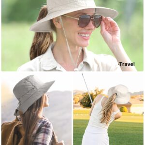 FURTALK Sun Hats for Women with Ponytail Hole Wide Brim Outdoor Hat UPF 50+Packable Summer Beach Hiking Fishing Hats Beige