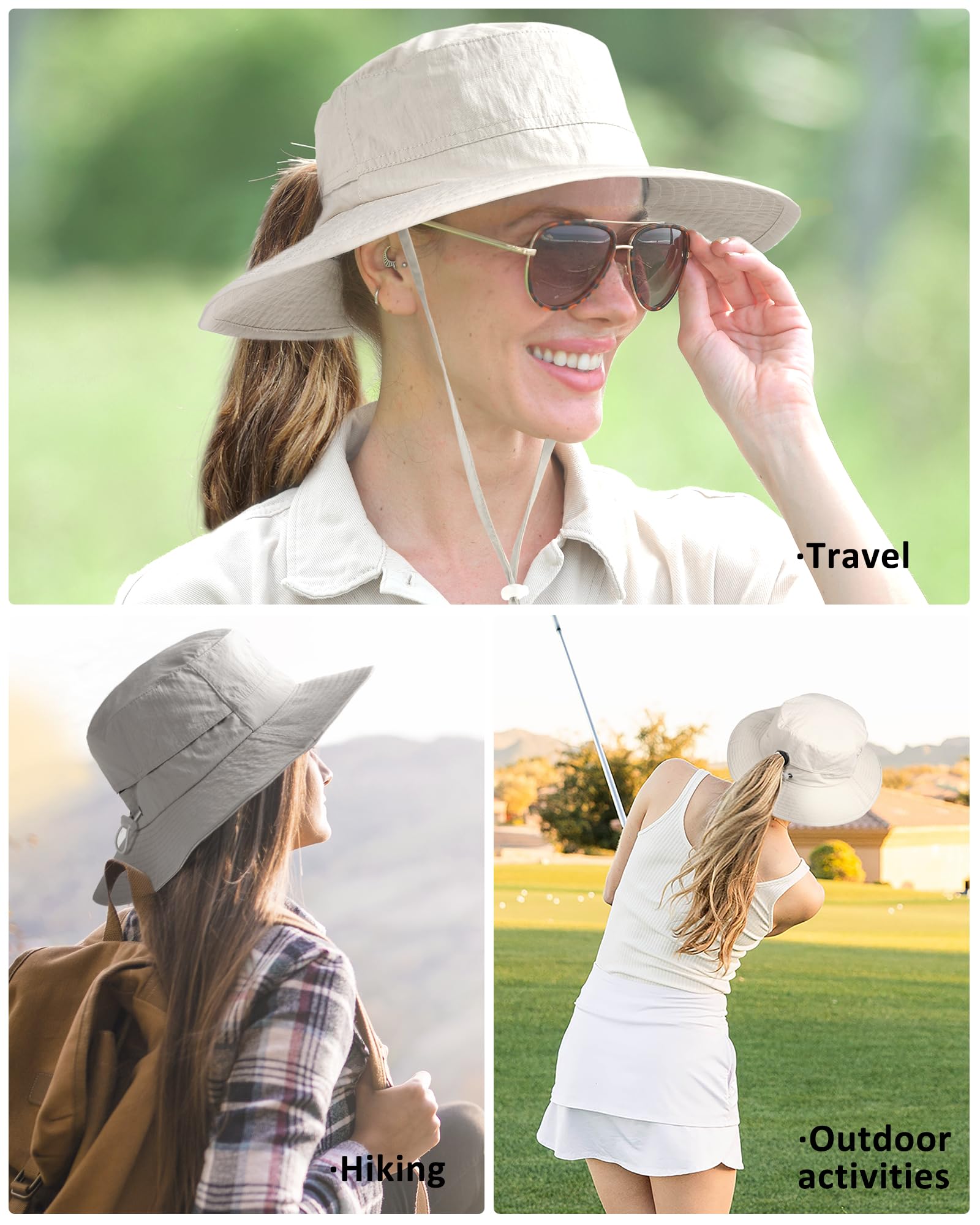 FURTALK Sun Hats for Women with Ponytail Hole Wide Brim Outdoor Hat UPF 50+Packable Summer Beach Hiking Fishing Hats Beige