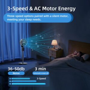 Standing Fan with Remote, Fans Oscillating with 12H Timer, 36-50db Floor Fans for Home Bedroom, Pedestal Fan Oscillating with 3 Speeds, Touch+Remote Control, 70°+90° Quiet Oscillating Fan for bedroom