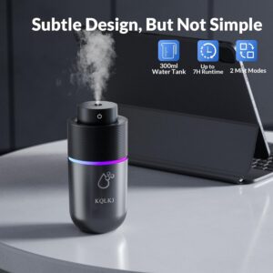 KQLKJ Portable Small Cool Mist Humidifiers, 300ML Quiet Mini Car Humidifier, 2 Mist Modes & Colorful Night Light - USB Personal Desktop Humidifier for Car, Travel, Plants, Office, Baby Room