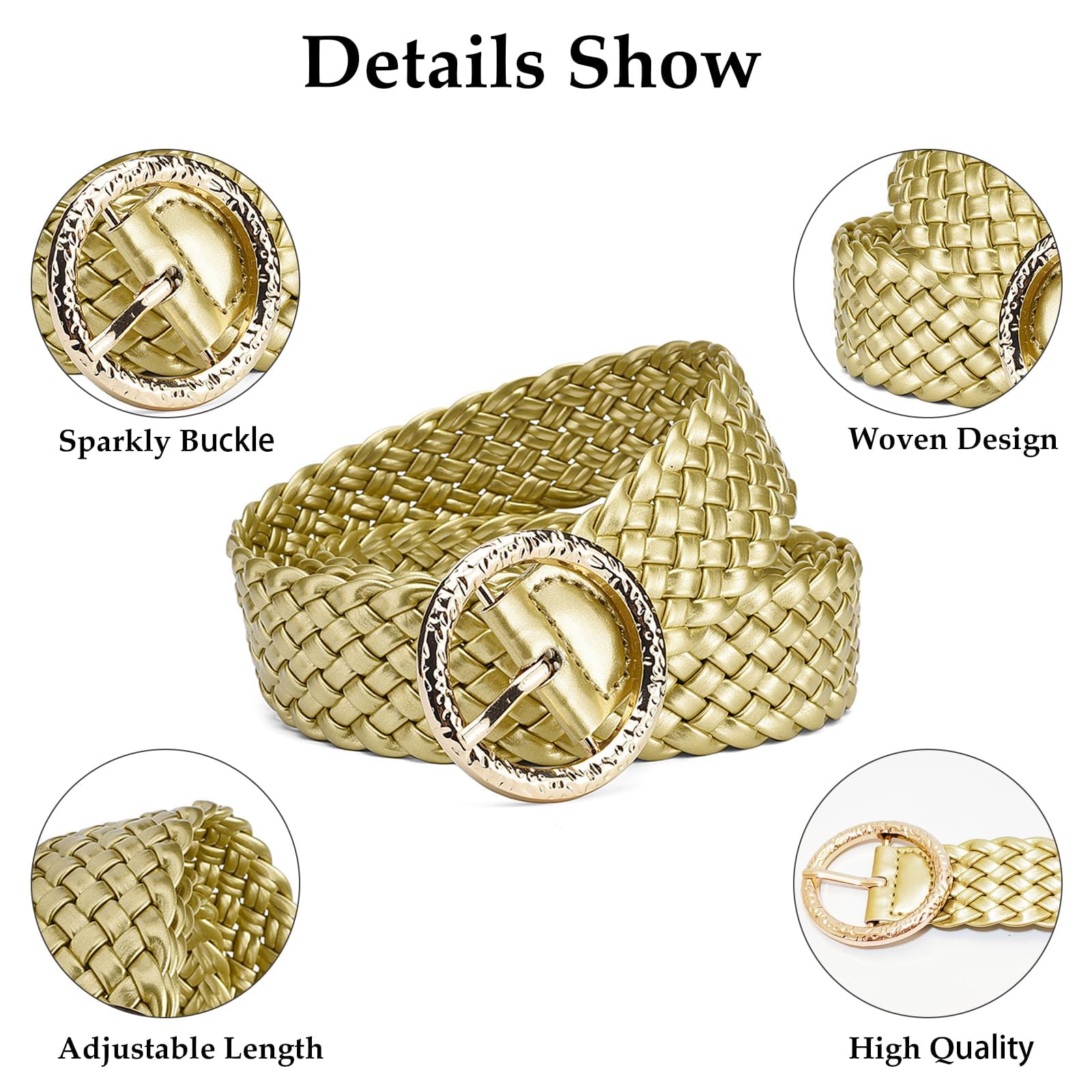 RMMVJJ Gold Belt for Women Woven PU Leather Womens Belts for Jeans Dresses Glitter Woman Gold Belts Gold M