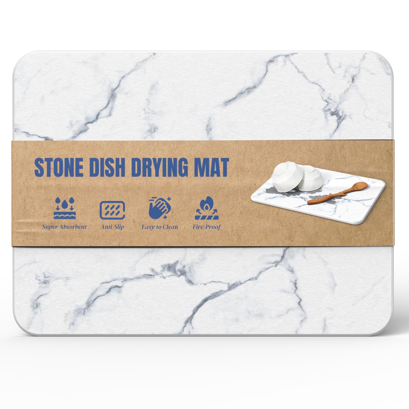 Plentio Quick Dry Stone Drying Mat for Kitchen Counter, Water-Absorbent Diatomaceous Dish Drying Mats, Multi-Purpose Stone Drying Tray for Cups Dishes Bottles, Ivory-Marble, 15.7"L x 11.8"W