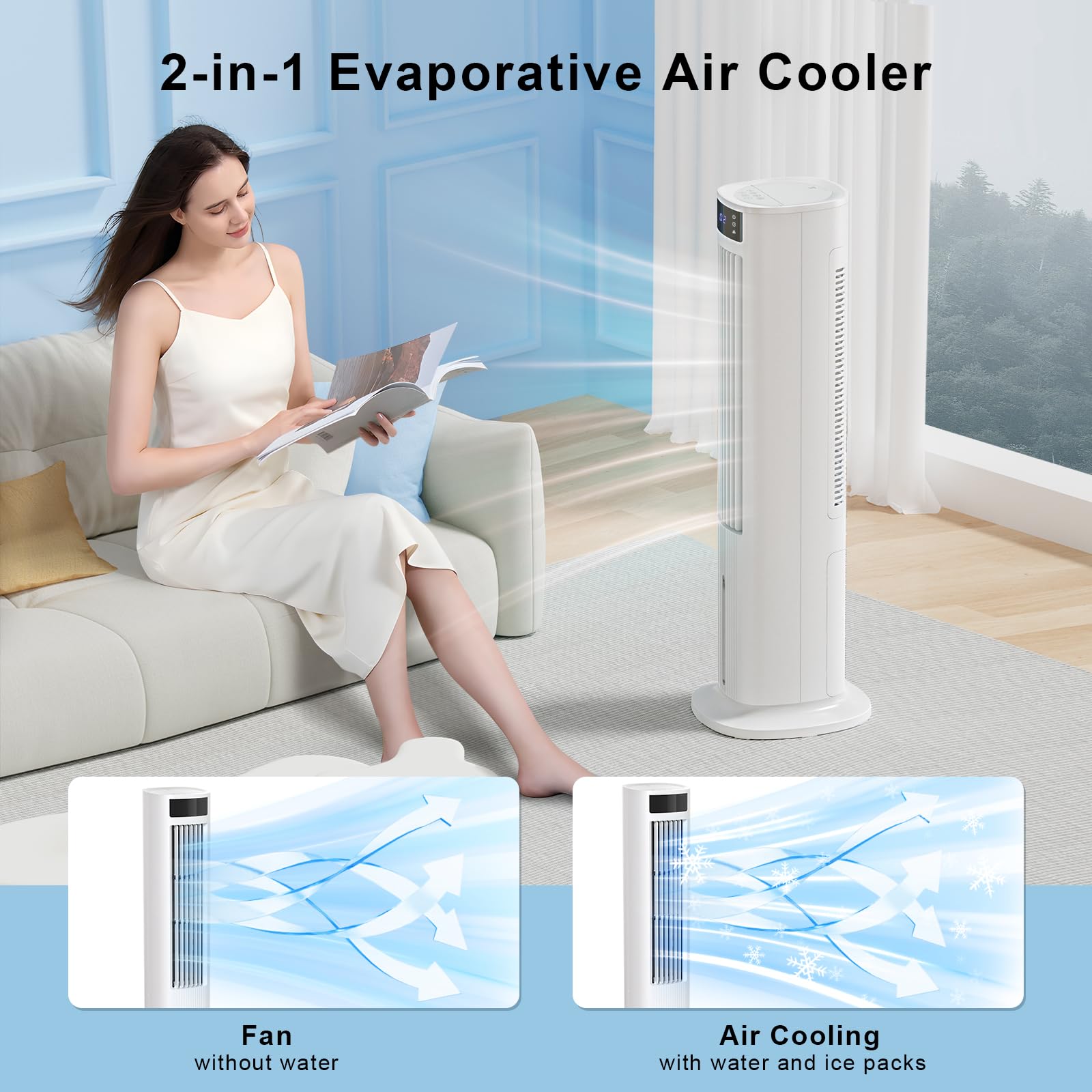 Antarctic Star Evaporative Air Cooler, 40" Cooling Fan that Blow Cold Air, Swamp Cooler with 80° Oscillation, Bladeless Tower Fan for Home, Office, Removable Water Tank, 24H Timer, Remote Control