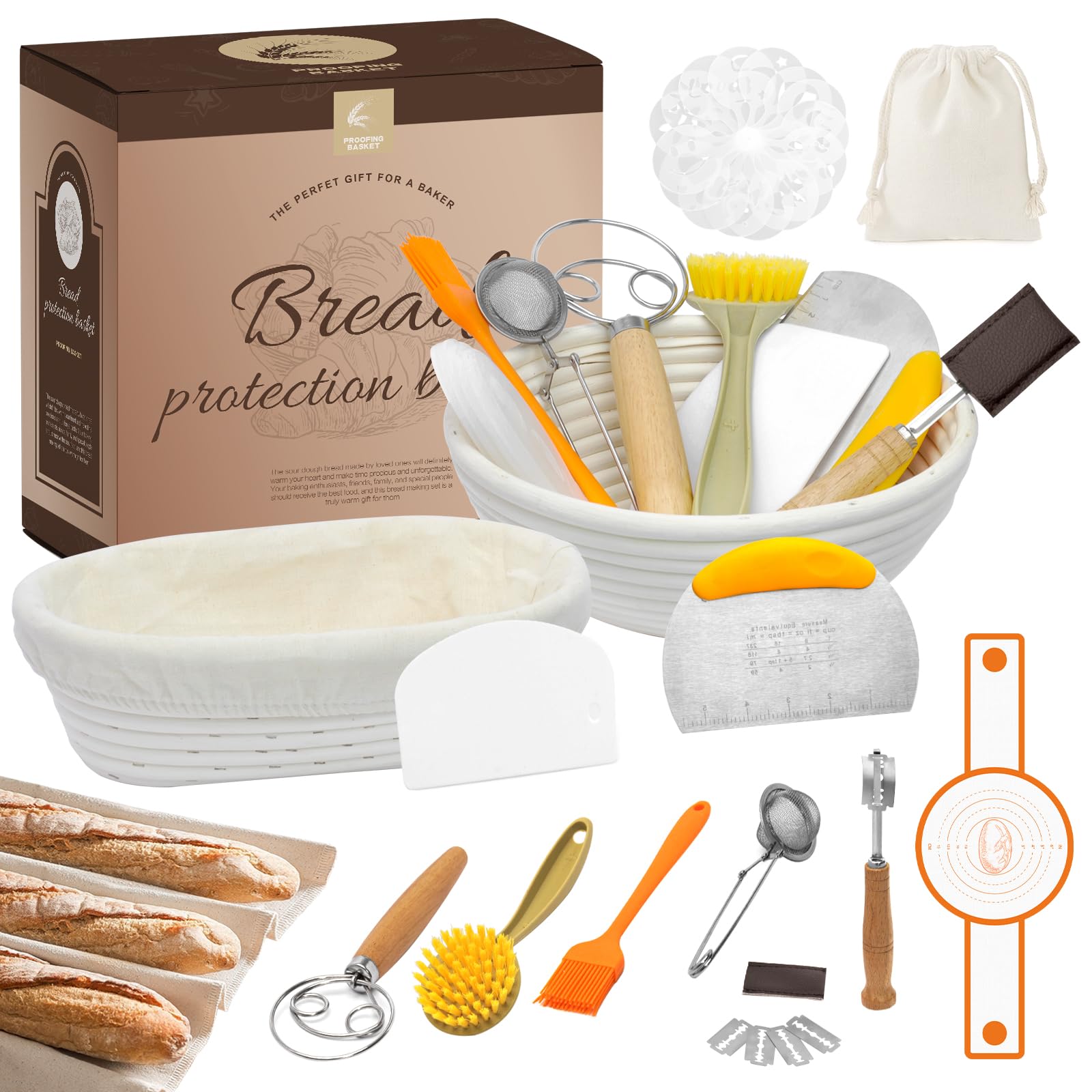 Sourdough Bread Baking Supplies, Bread Making Kit Including 9" Round & 10" Oval Cane Sourdough Baskets Danish Whisk, Bowl & Dough Scrapers, and Linen Liners, Making Baking Fermentation（13 pcs）…