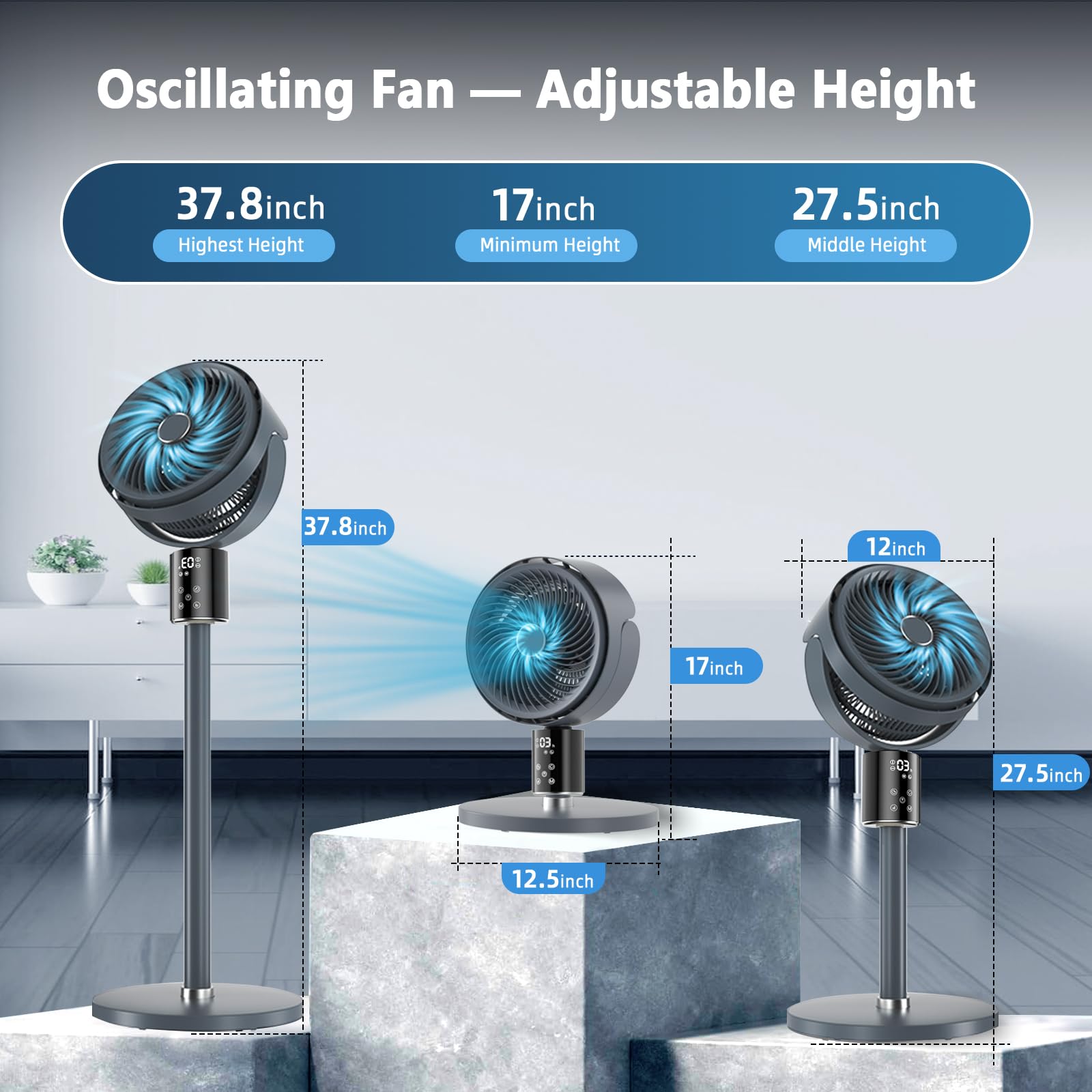 Feculs Official 100ft CirculAir Oscillating Standing Fan for Bedroom, Quiet Pedestal Floor Fan with Adjustable Height, AC Motor, Ultra Quiet 36-50dB, Touch & Remote Control, 3 Speeds, 12H Timer