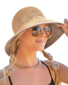 furtalk sun hats for women summer beach hat wide brim handmade straw hat foldable packable upf 50 crochet travel bucket hat khaki