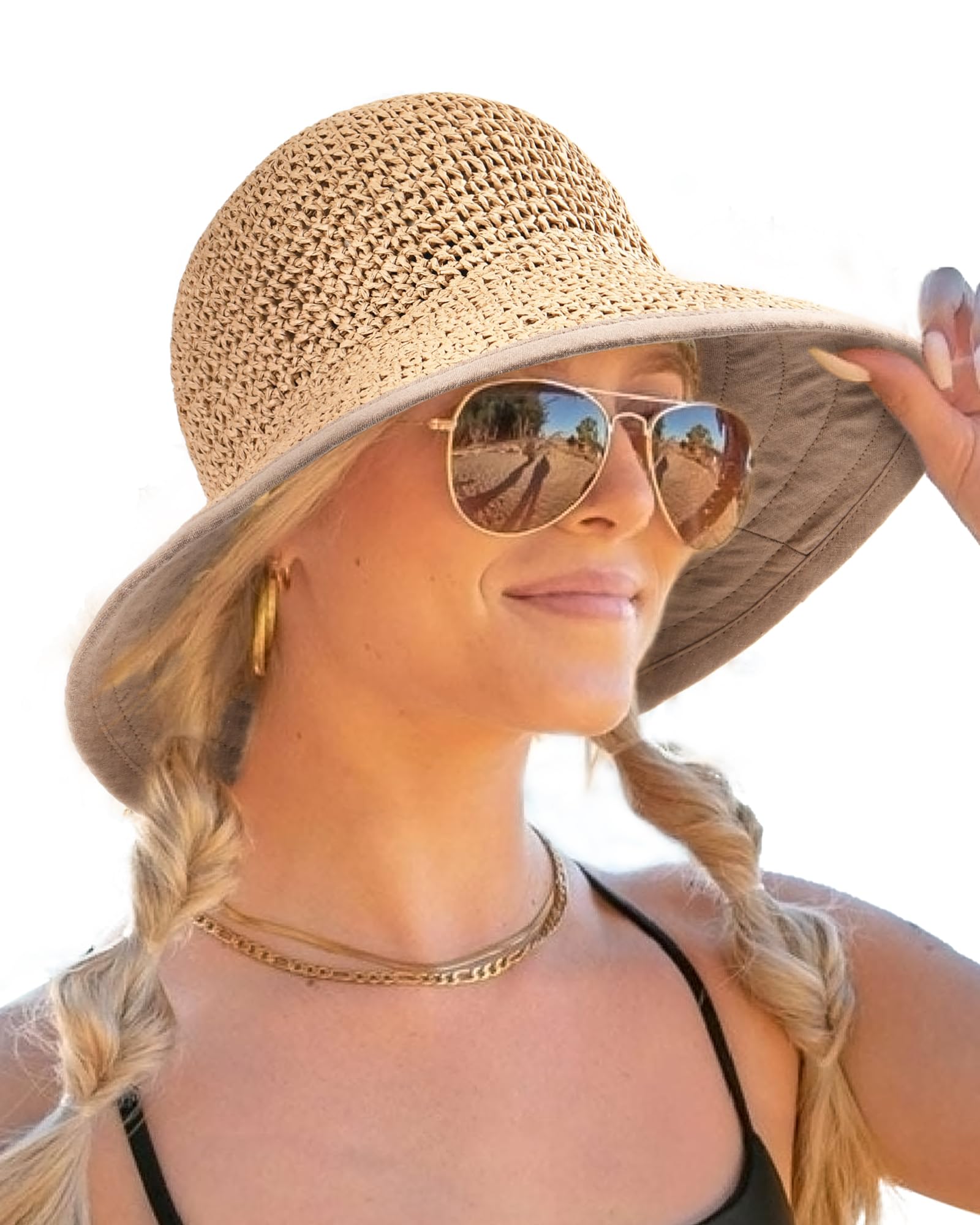 FURTALK Sun Hats for Women Summer Beach Hat Wide Brim Handmade Straw Hat Foldable Packable UPF 50 Crochet Travel Bucket Hat Khaki