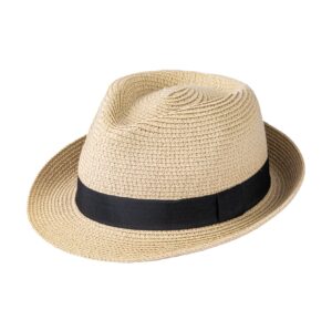 dressvoguer straw fedora hat for women men short brim panama hat roll up trilby summer beach sun hat upf 50+ beige