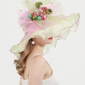 RZTA Women's Kentucky Derby Church Dress Hat Wide Brim Leaf Flower Bridal Shower Hat E3-Beige,Pink