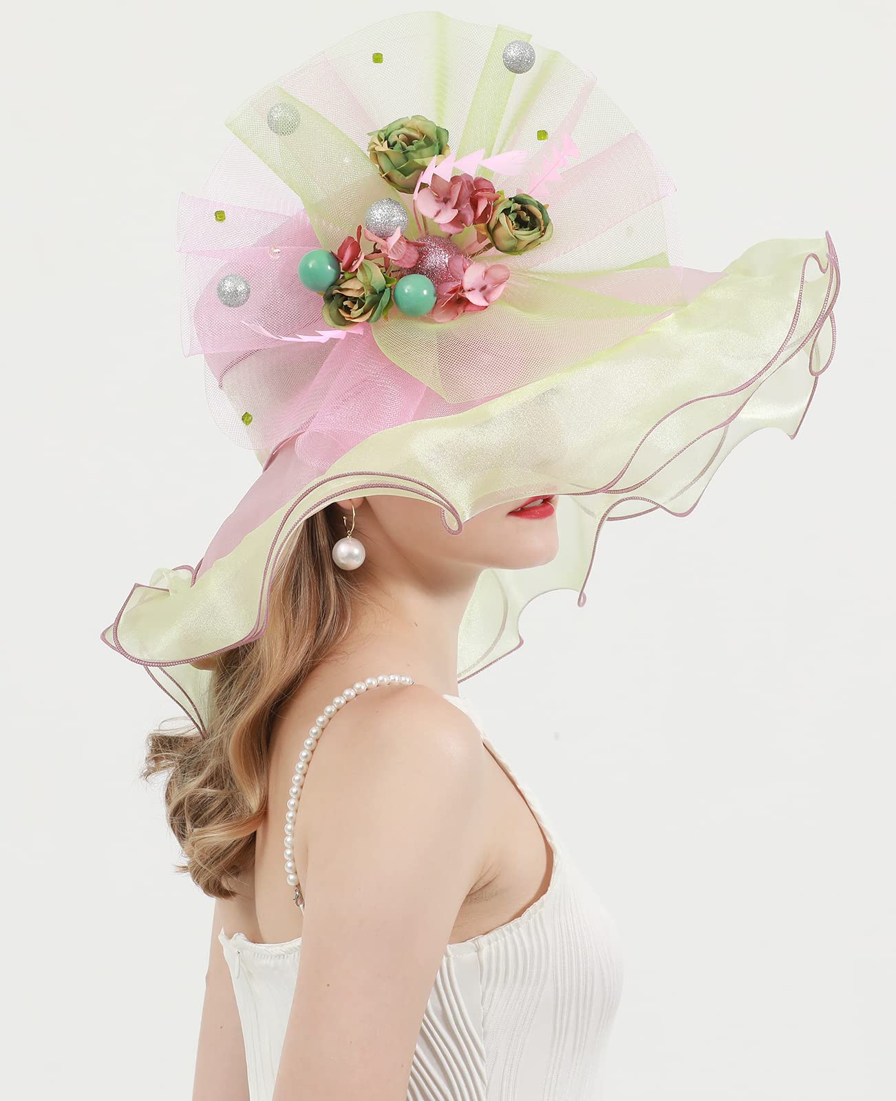 RZTA Women's Kentucky Derby Church Dress Hat Wide Brim Leaf Flower Bridal Shower Hat E3-Beige,Pink