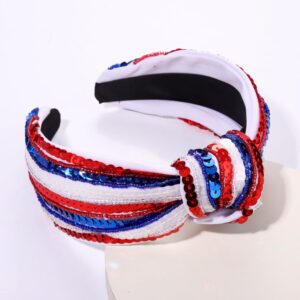 4 th of July Headband for Women Girls Fourth of July Knotted Headband Red White and Blue Sequin Beaded Patriotic Hairband American Flag USA Independence Day Head Band Hair Accessories Gifts