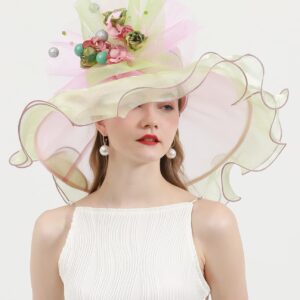 RZTA Women's Kentucky Derby Church Dress Hat Wide Brim Leaf Flower Bridal Shower Hat E3-Beige,Pink