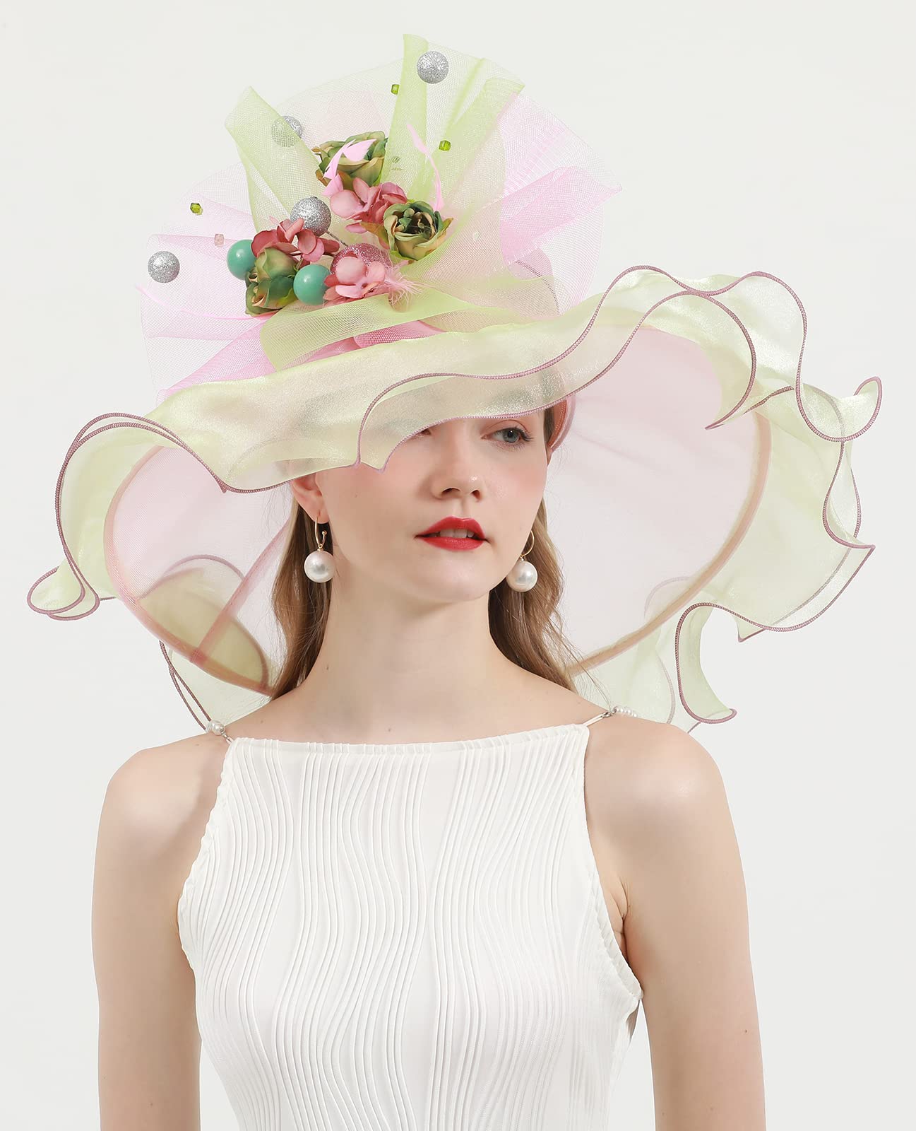 RZTA Women's Kentucky Derby Church Dress Hat Wide Brim Leaf Flower Bridal Shower Hat E3-Beige,Pink