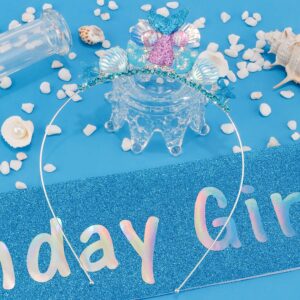 Atoden Little Mermaid Birthday Outfit Blue Princess Tiara Crown Headpiece, Starfish Seashell Mermaid Tail Headband and Sash, Birthday Accessories for Women and Girls, Party Supplies Gifts