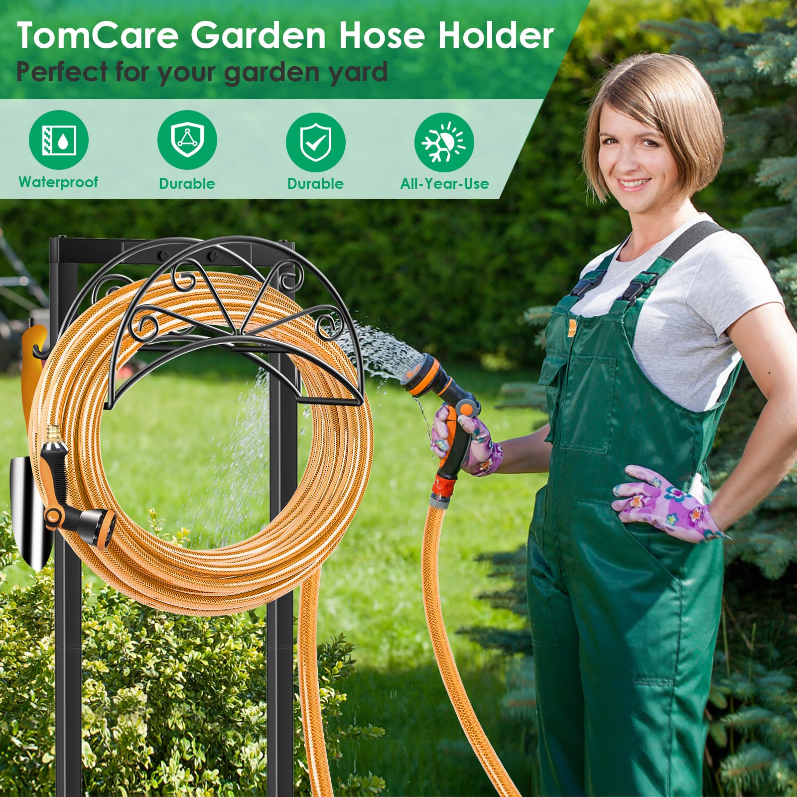 TomCare Garden Hose Holder Heavy Duty Water Hose Holder with 2 Tool Hooks Sturdy 4 Spikes Hose Reel Holds 150ft Hose Freestanding Hose Hanger Hose Storage Organizer for Outside Yard Lawn, Black