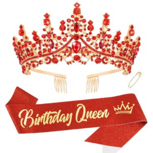 kicosy birthday sash and crown for women red birthday headband and birthday queen sash set happy birthday tiara for women crystal birthday crown adult women birthday decorations