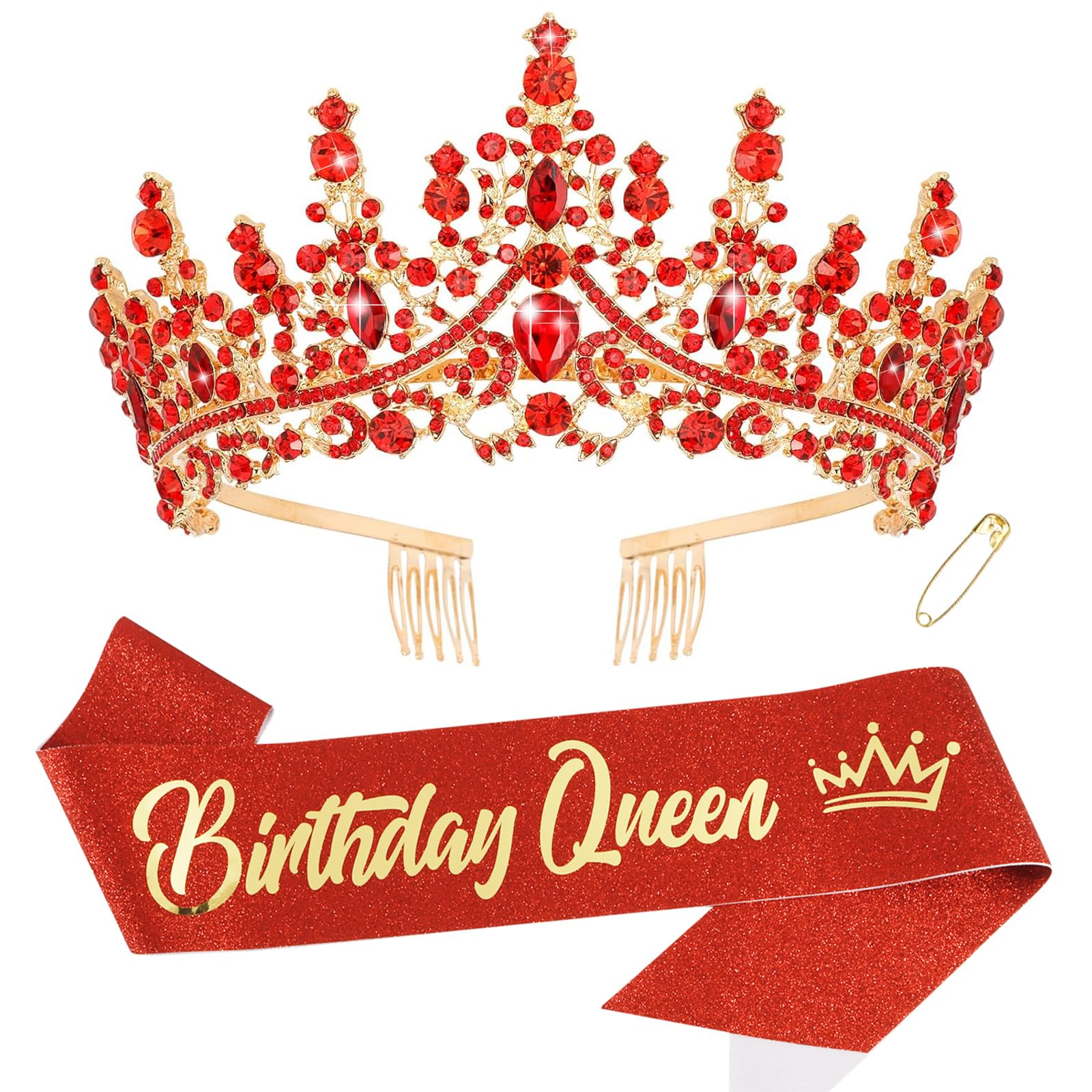 KICOSY Birthday Sash and Crown for Women Red Birthday Headband and Birthday Queen Sash Set Happy Birthday Tiara for Women Crystal Birthday Crown Adult Women Birthday Decorations