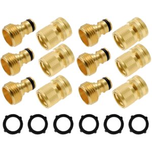 hourleey garden hose quick connector, solid brass 3/4 inch ght thread garden quick connect kit, male and female no-leak water hose fittings (6 set)