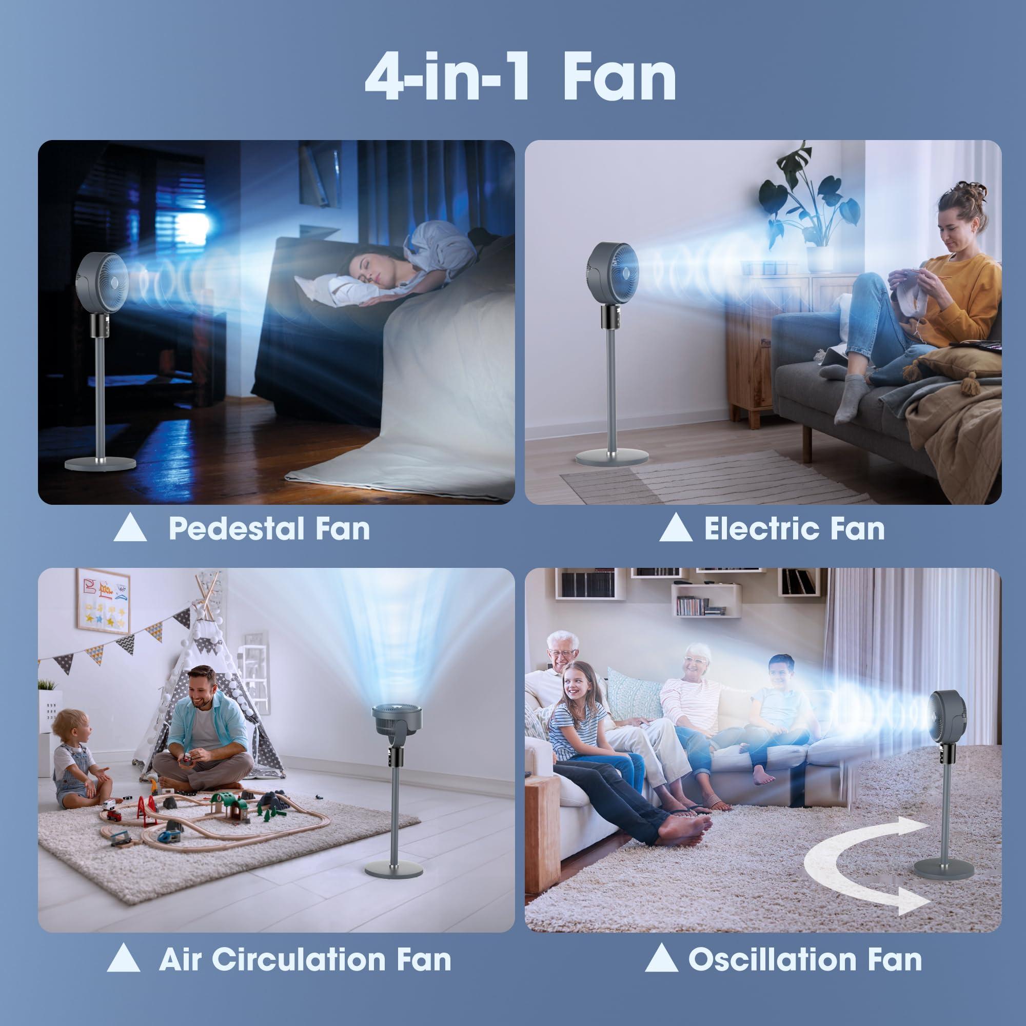 Feculs Official 100ft CirculAir Oscillating Standing Fan for Bedroom, Quiet Pedestal Floor Fan with Adjustable Height, AC Motor, Ultra Quiet 36-50dB, Touch & Remote Control, 3 Speeds, 12H Timer