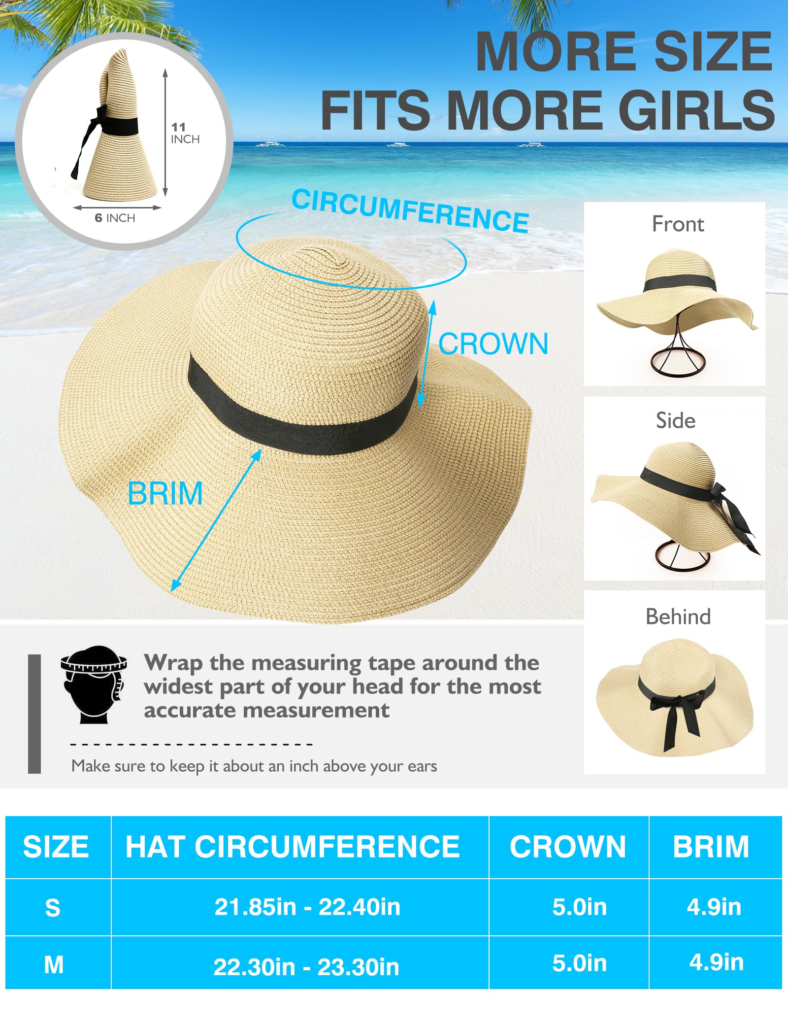 Foldable Beach Sun Hat for Women, UV Protection Wide Brim Straw Visor Hats, Fashionable Boho Hats for Girls, Outdoor Tribe Sun Hats for Travel Gardening Beach (Dark Khaki M)