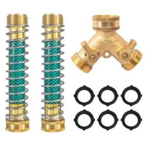 hourleey 2 way hose splitter, 3/4" brass hose y splitter with 2 pcs garden hose extension hose coiled spring protectors and 6 rubber washers