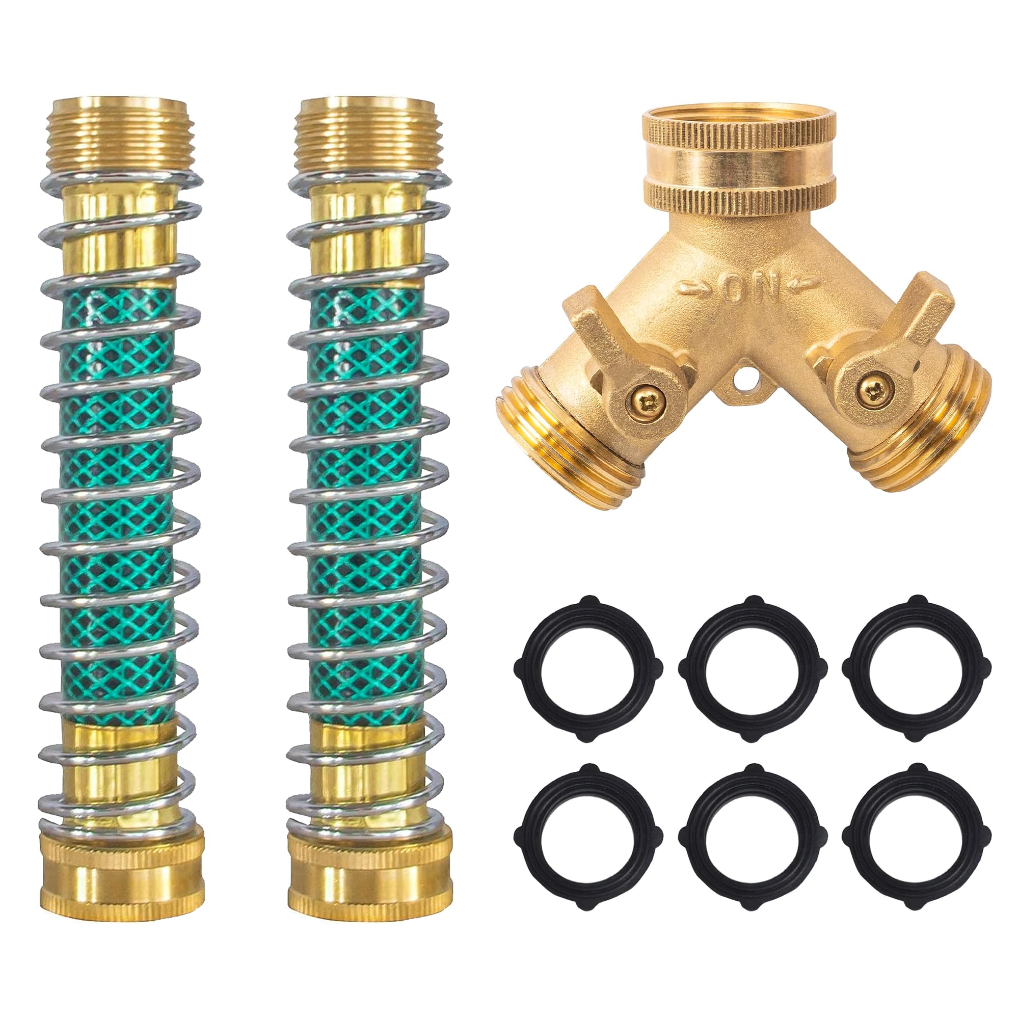 Hourleey 2 Way Hose Splitter, 3/4" Brass Hose Y Splitter with 2 PCS Garden Hose Extension Hose Coiled Spring Protectors and 6 Rubber Washers