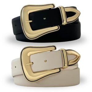 citrusy boutique western belt 2-pack | country western fashion cowgirl belts for women | cute chunky gold western belt buckle | cream and black pu leather belts (western pack | size m-l)