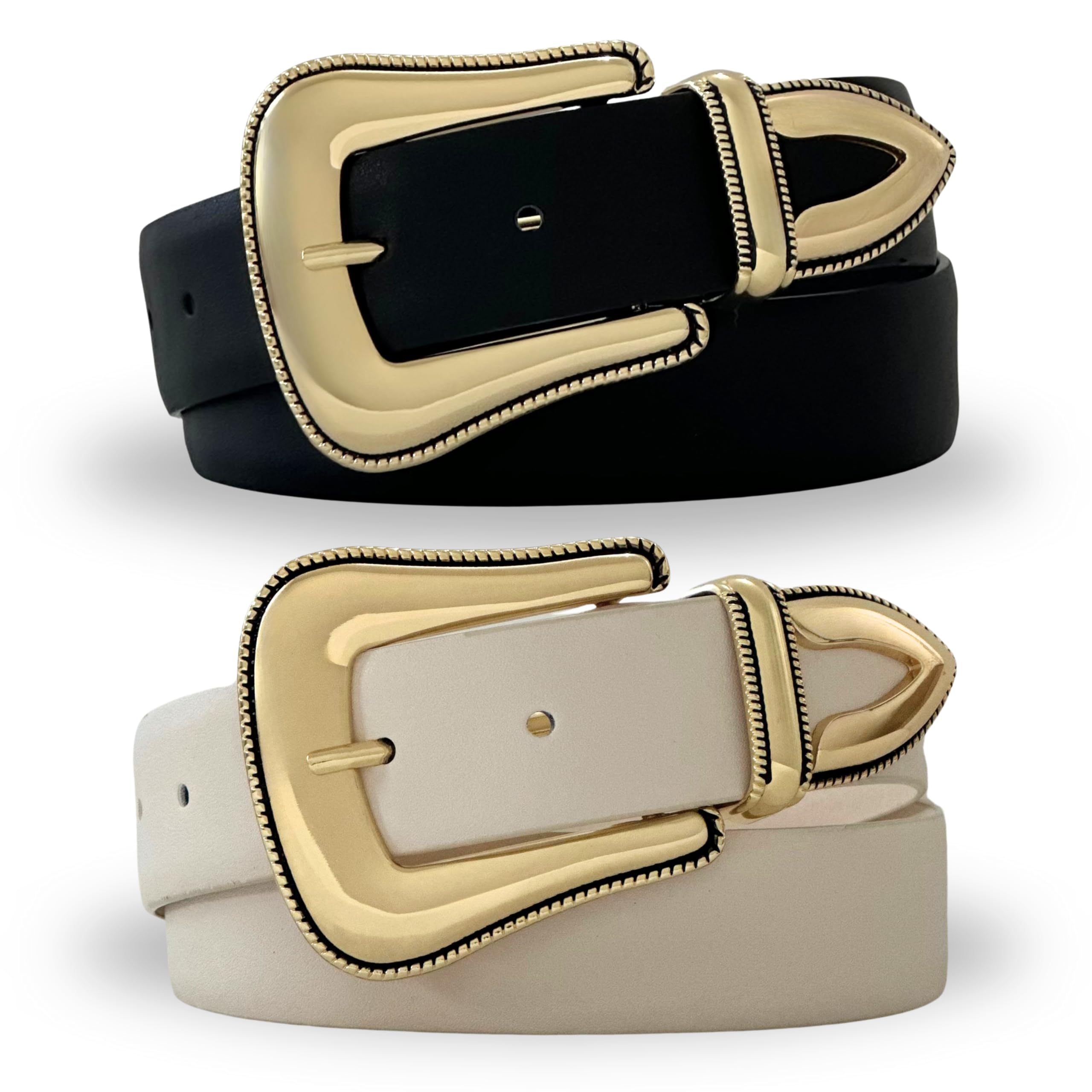 Citrusy Boutique Western Belt 2-Pack | Country Western Fashion Cowgirl Belts for Women | Cute Chunky Gold Western Belt Buckle | Cream and Black PU Leather Belts (Western Pack | Size M-L)