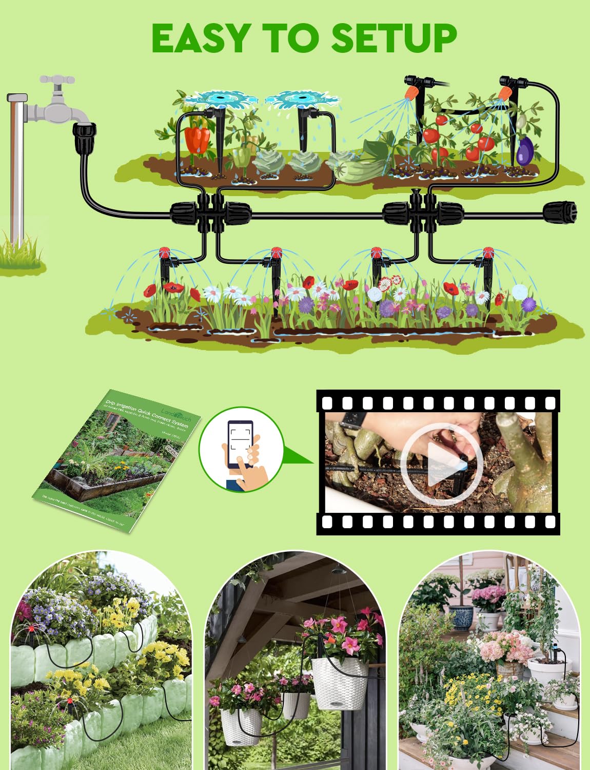 Landtouch Drip Irrigation System, Garden Watering System with Adjustable Drip Emitters Misting Sprinkler, Efficient Sprinkler System Kit for Flower Bed, Raised Bed, Greenhouse, Lawn