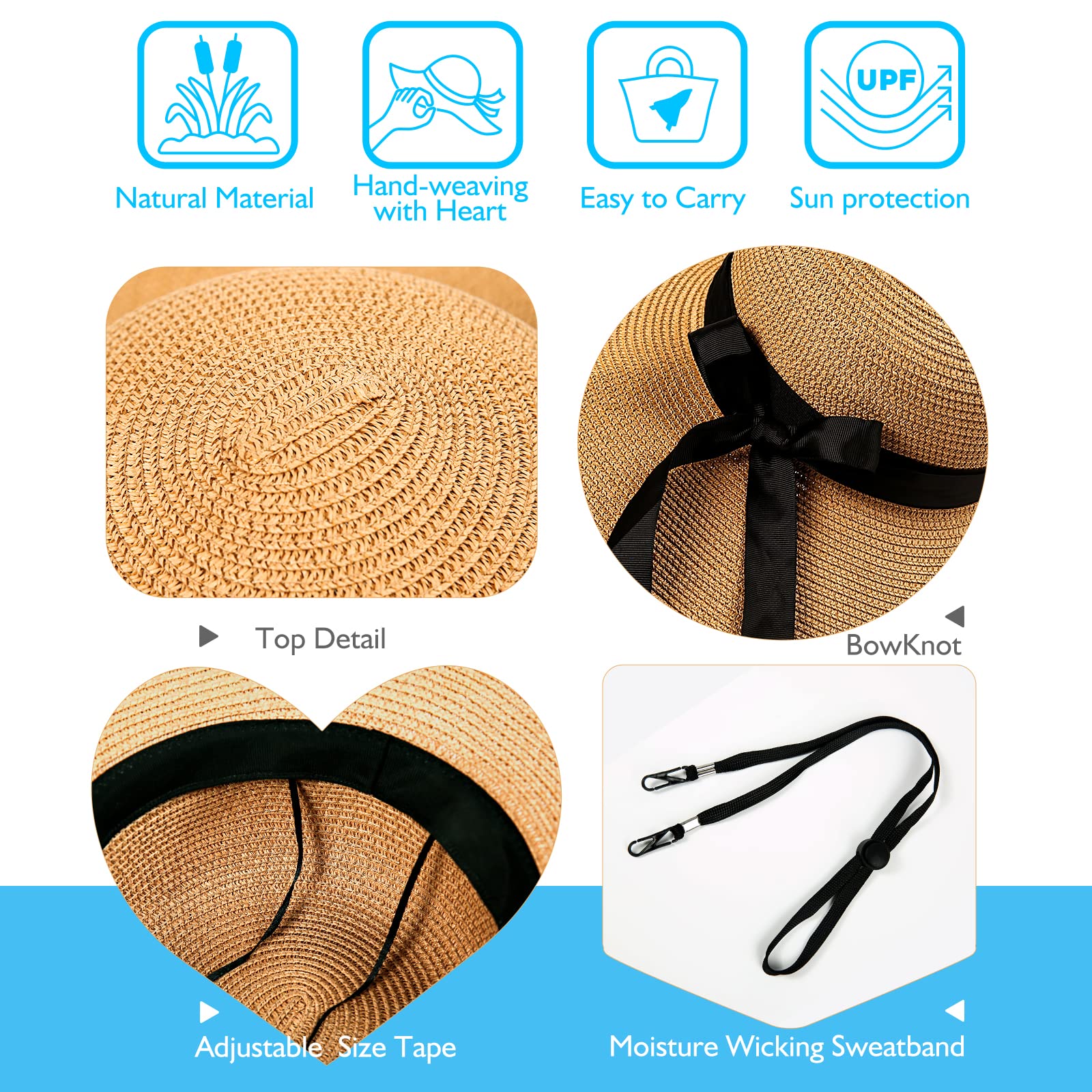 Foldable Beach Sun Hat for Women, UV Protection Wide Brim Straw Visor Hats, Fashionable Boho Hats for Girls, Outdoor Tribe Sun Hats for Travel Gardening Beach (Dark Khaki M)