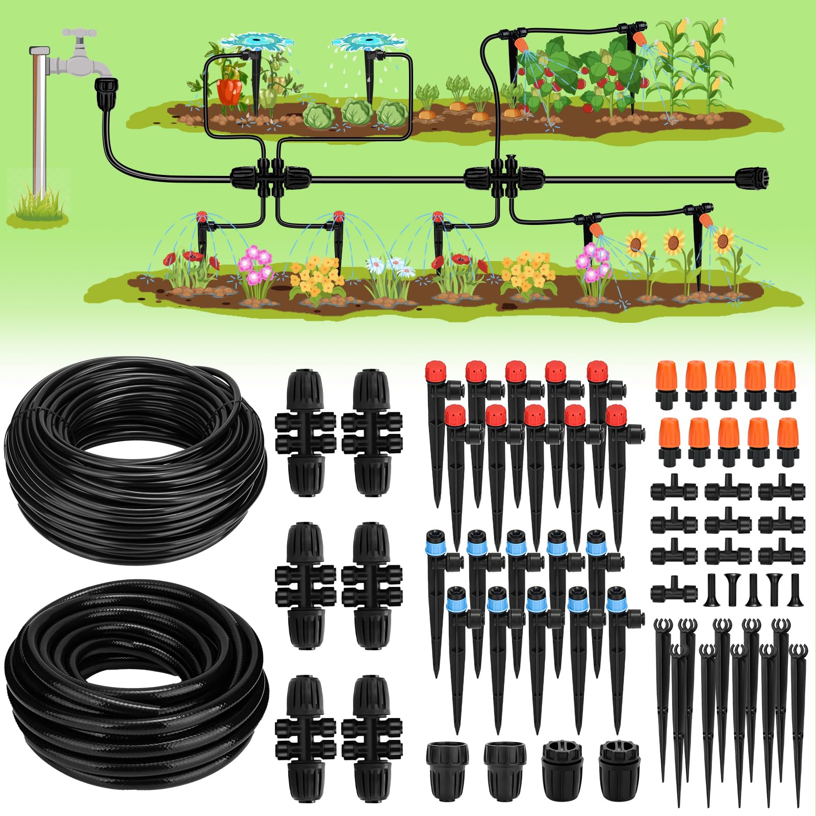 Landtouch Drip Irrigation System, Garden Watering System with Adjustable Drip Emitters Misting Sprinkler, Efficient Sprinkler System Kit for Flower Bed, Raised Bed, Greenhouse, Lawn