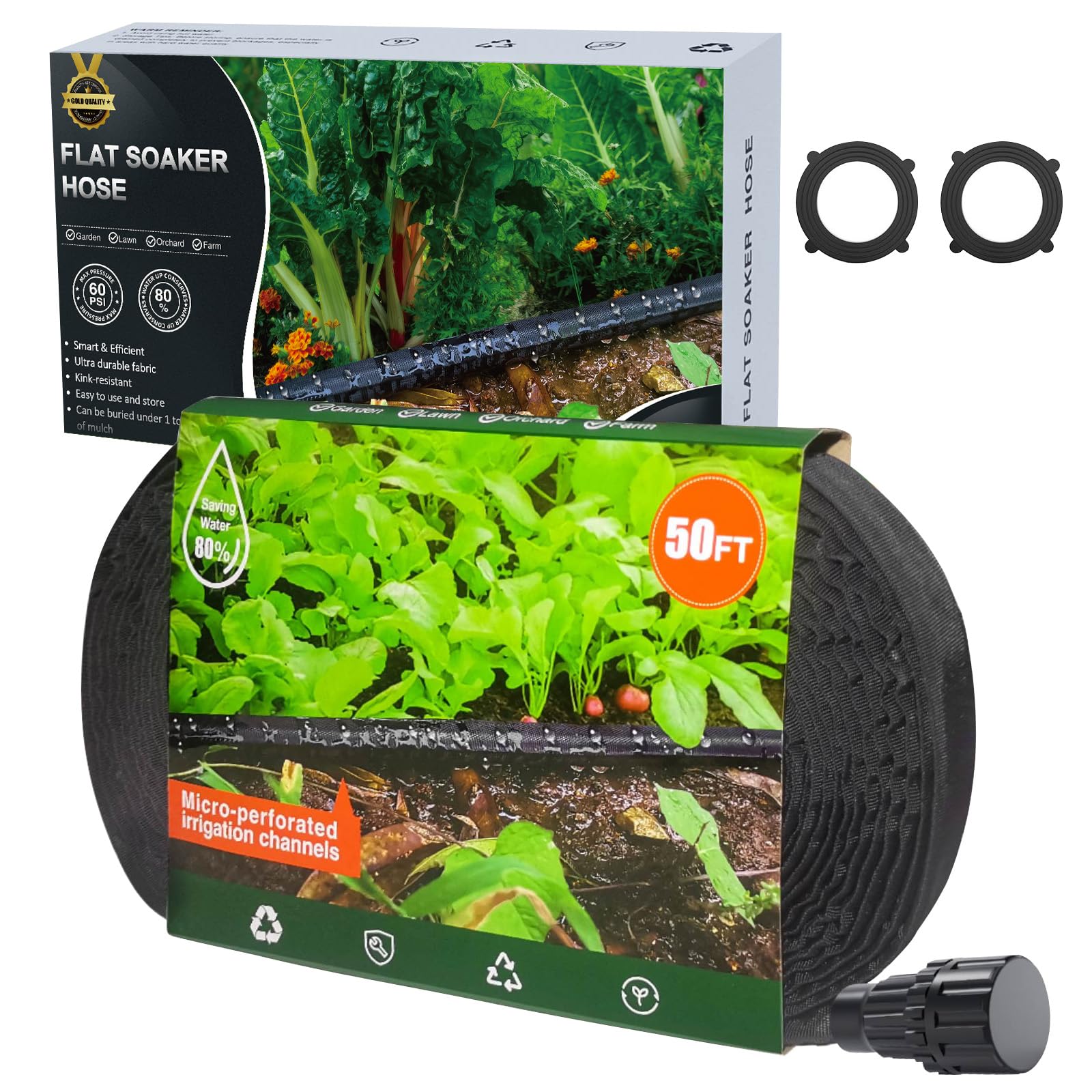 Flat Garden Soaker hose 50ft,Drip irrigation hose for garden beds,water hose with holes for flower beds,Saves 80% water.