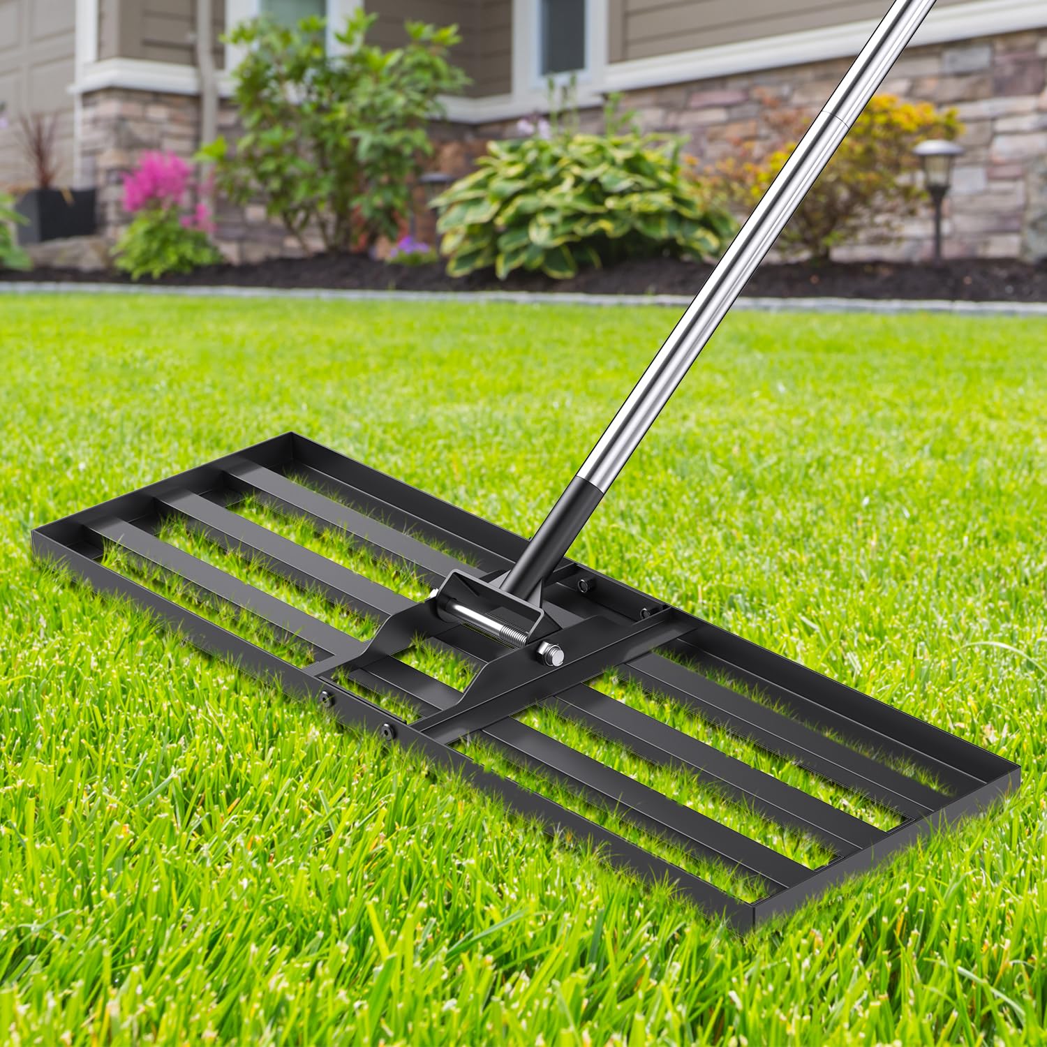 30x10 inch Lawn Leveling Rake, Yumatum 72" Effort Saving Lawn Leveler Tool, Stainless Steel Handle Lawn Leveler for Golf Course Yard Pasture Garden, Professional Lawn Care Landscape Rake