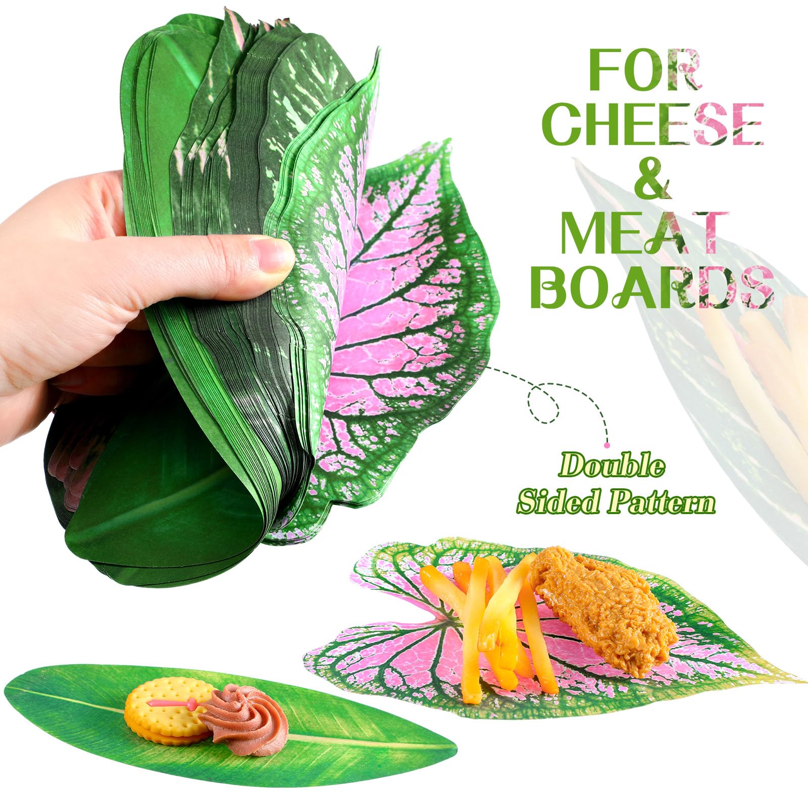 Kisston 100 Pcs Charcuterie Board Parchment Paper Tropical Leaves 8.7 Inch Paper Leaves for Cheese Board Double Sided Tropical Leaves Paper for Tropical Party Decorations Holiday Table Food Serving