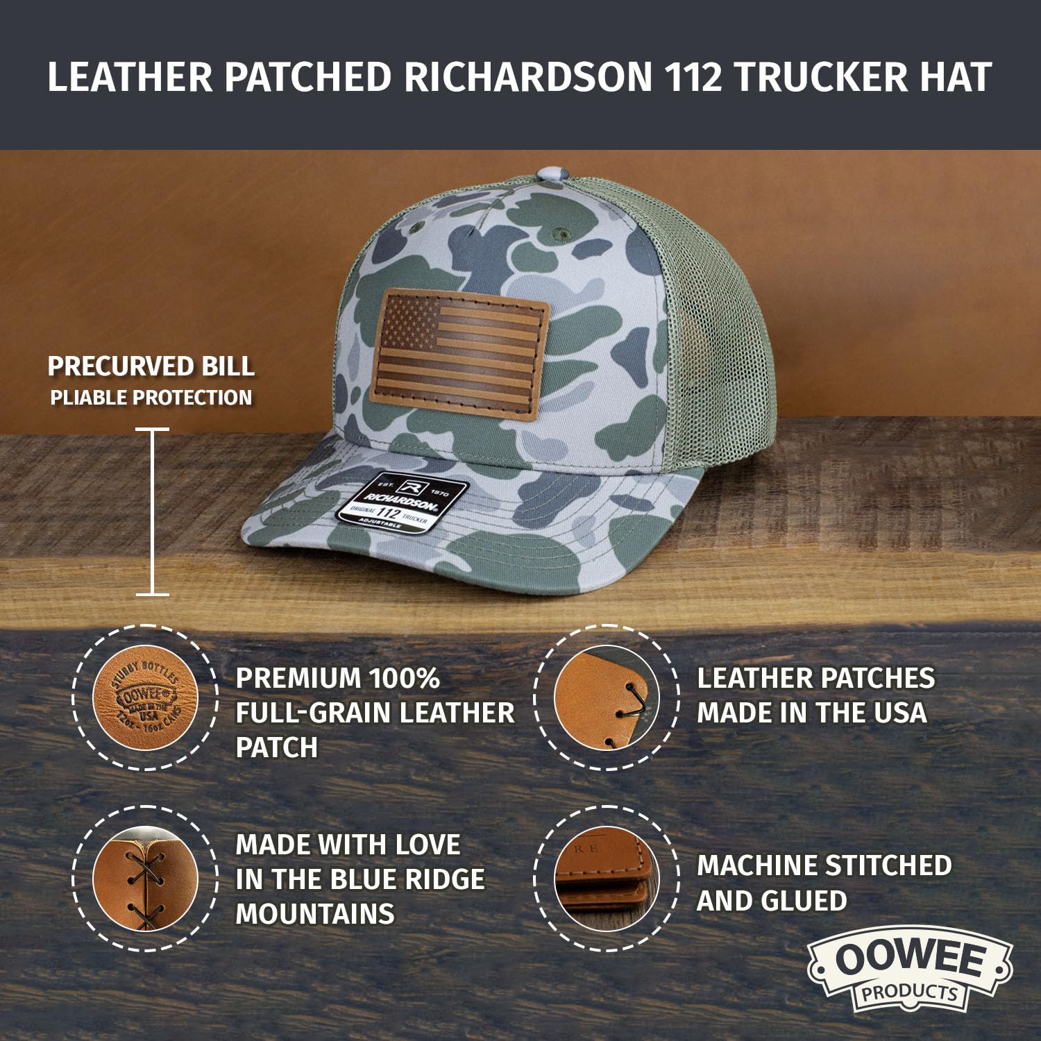 American Flag Hat for Men | Leather Patch Hat | Machine-Stitched Badge on Richardson 112 Trucker Hat | Adjustable Snapback Country Trucker Hat, Richardson Hat | Trucker Hat with Patch (Duck Camo)