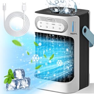 portable air conditioners,porbable ac 3in1 mini air conditioner 900ml water tank,3 cool mist,3 wind speed,7 led light,2-8h timer personal evaporative air cooler for room/office